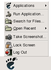 Open Main Menu. Menu items: Applications, Run Application, Search for Files, Open Recent, Take Screenshot, Lock Screen, Log Out.