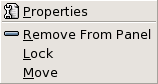 Panel object popup menu. Menu items: Properties, Remove From Panel, Lock, Move.