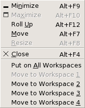 Window Menu. Menu items: Minimize, Maximize, Shade, Move, Resize, Close, Put on All Workspaces, Move to workspace-name.